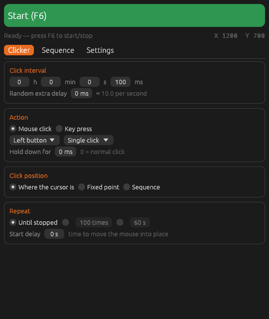 Auto Clicker main window with click interval, button, position and repeat settings