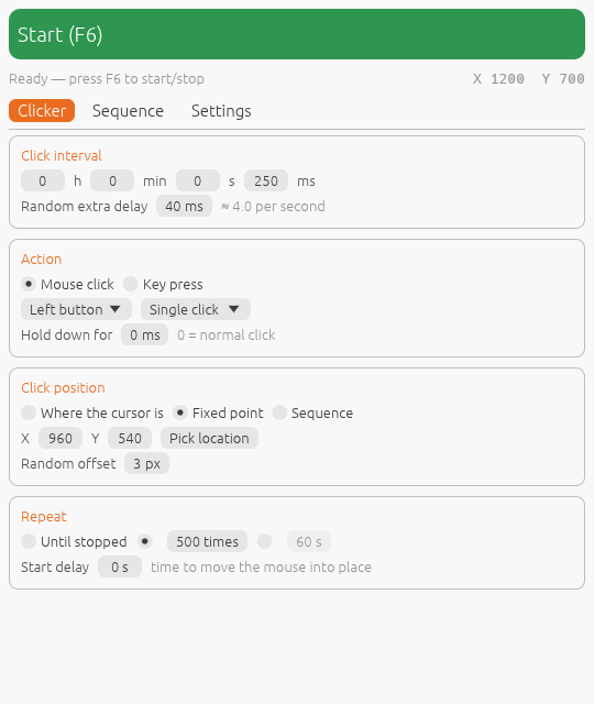 Clicker tab in light mode clicking a fixed point 500 times