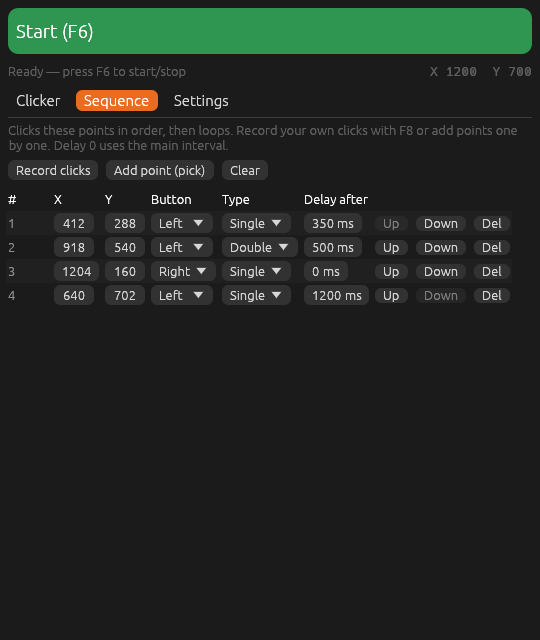 Sequence tab with four recorded click points