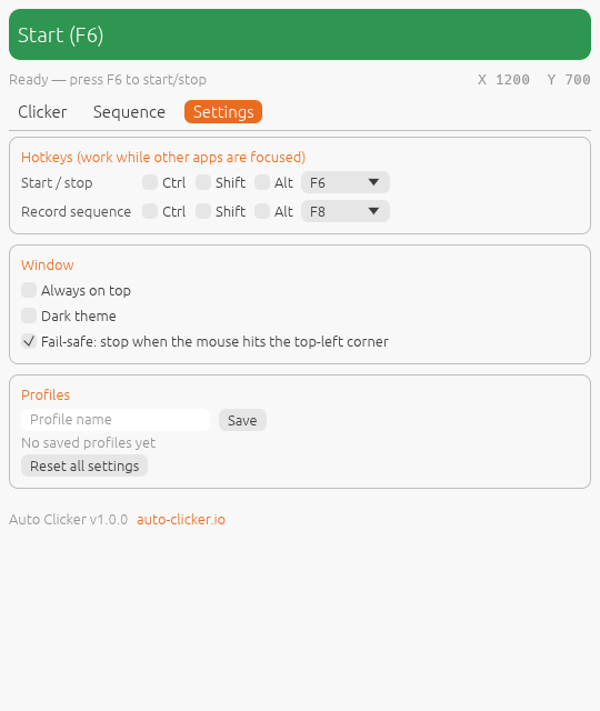 Settings tab: hotkeys, always on top, fail-safe and profiles